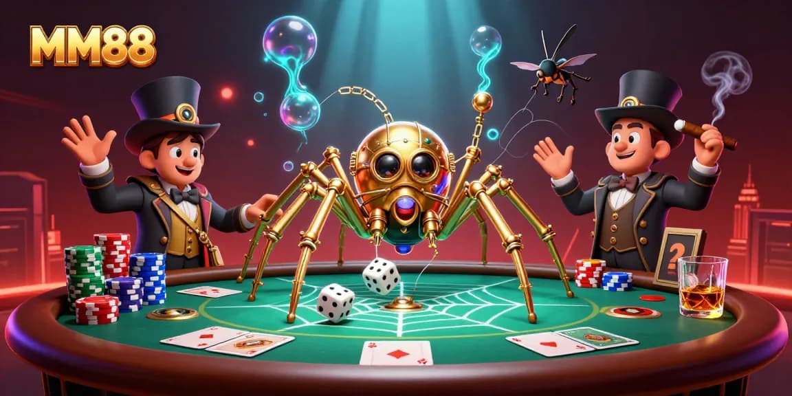 Experience thrilling MM88 casino action with steampunk characters tangled in a web of poker chips.