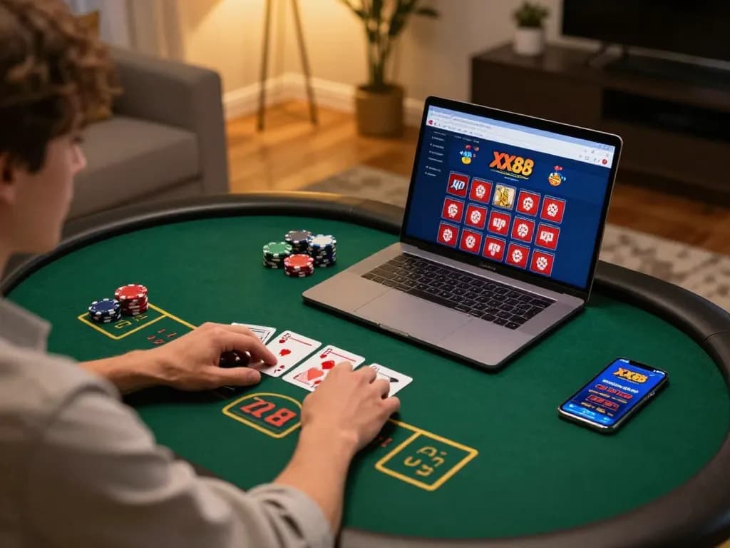 Player engaging with XX88 online casino interface during a cozy home gaming session.