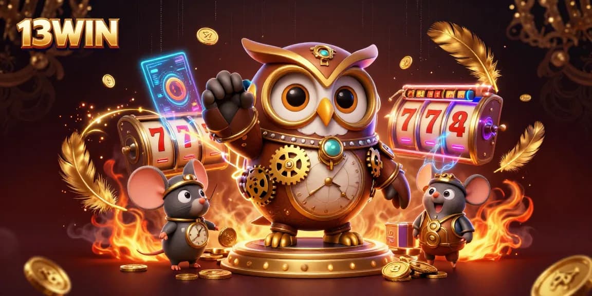Engage with 13WIN for thrilling casino adventures featuring a steampunk owl and vibrant slot elements.