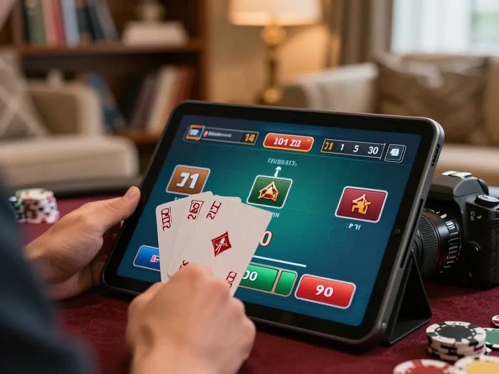 Player engaging in online blackjack on tablet with strategic focus at home, showcasing man88 gameplay.