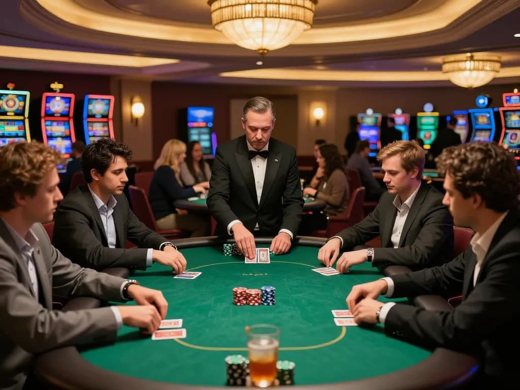 Fabet players engaged in strategic poker gameplay at a luxury casino table.