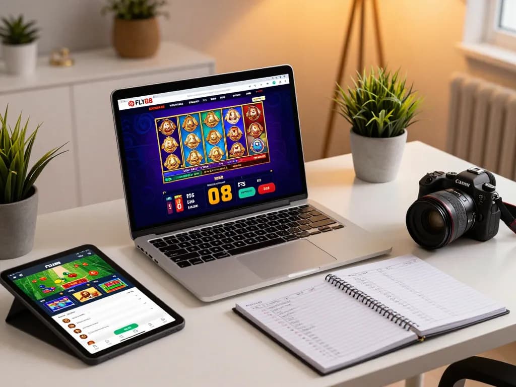 Engaging home gaming setup with FLY88 interface on laptop, showcasing online betting excitement