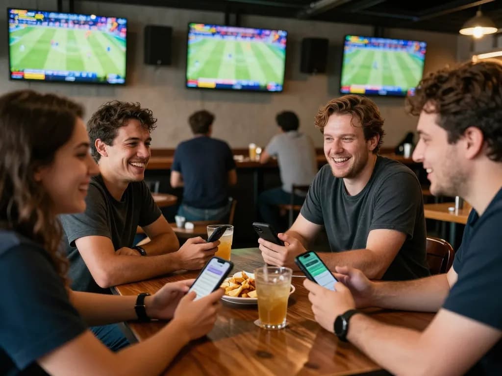 Fans analyzing kèo nhà cái while enjoying a vibrant sports bar atmosphere with drinks and betting apps
