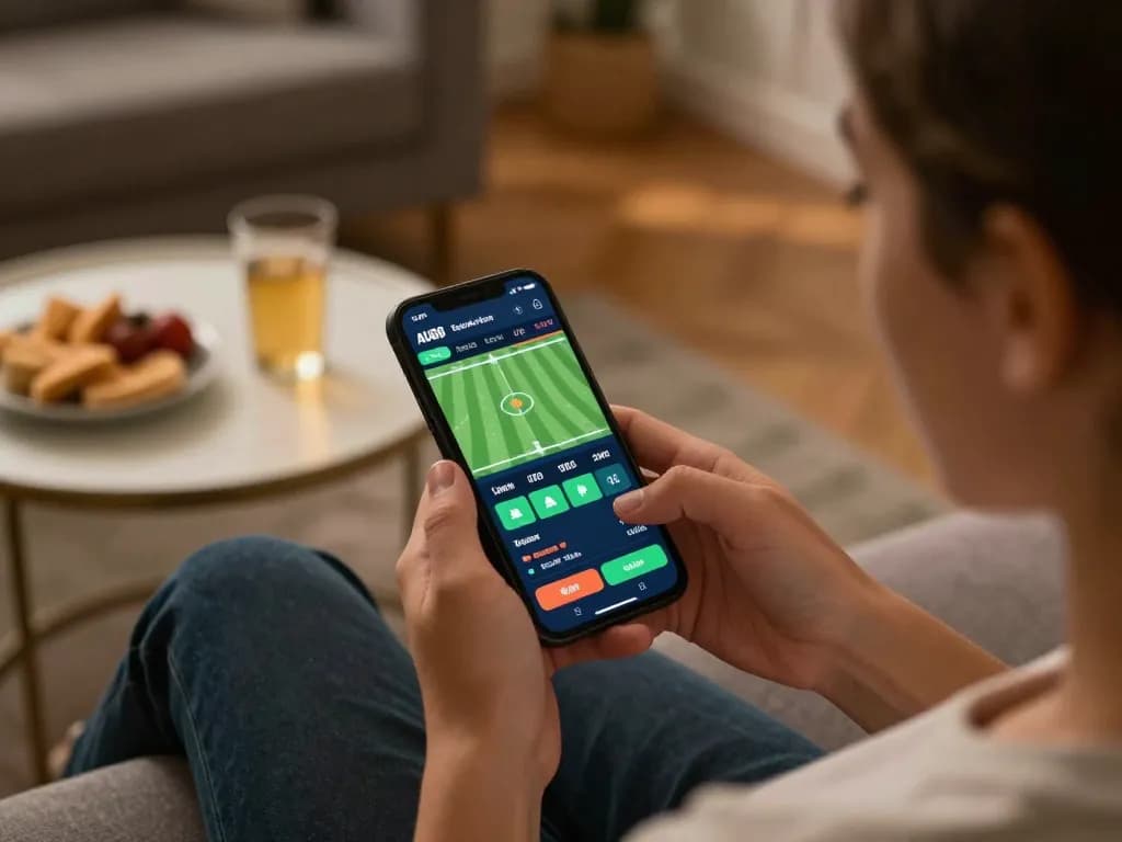 Person engaging with the AU88 betting app on mobile while at home, capturing the thrill of online sports betting.