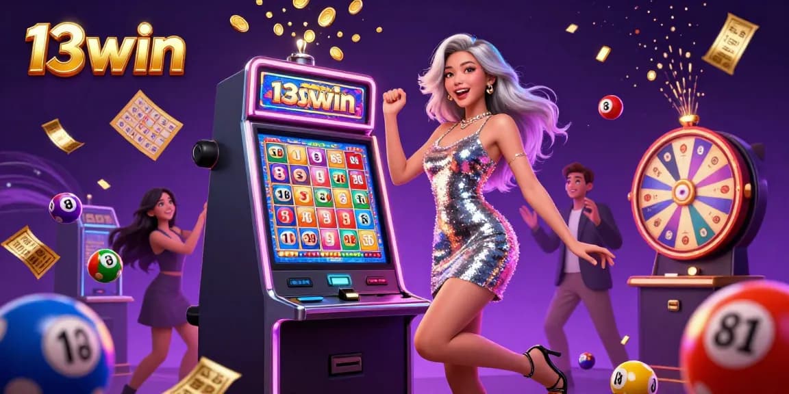 Experience the thrill of 13win with a vibrant 3D casino scene celebrating jackpots and lottery excitement.