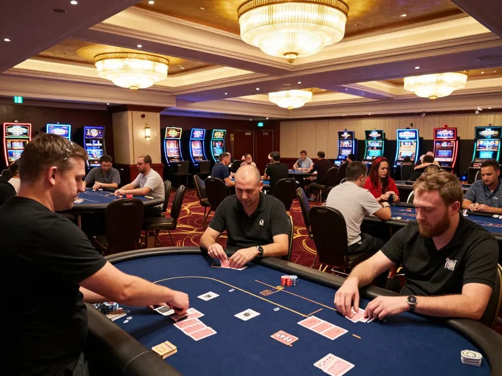 Experience thrilling vmax bet action at a vibrant casino with players at poker tables and engaging ambiance