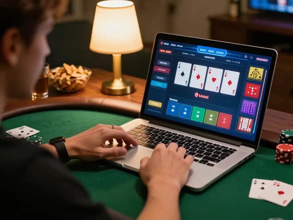 Engaging online poker session at home using https://go8.agency/ platform, showcasing laptop game interface and cozy environment.