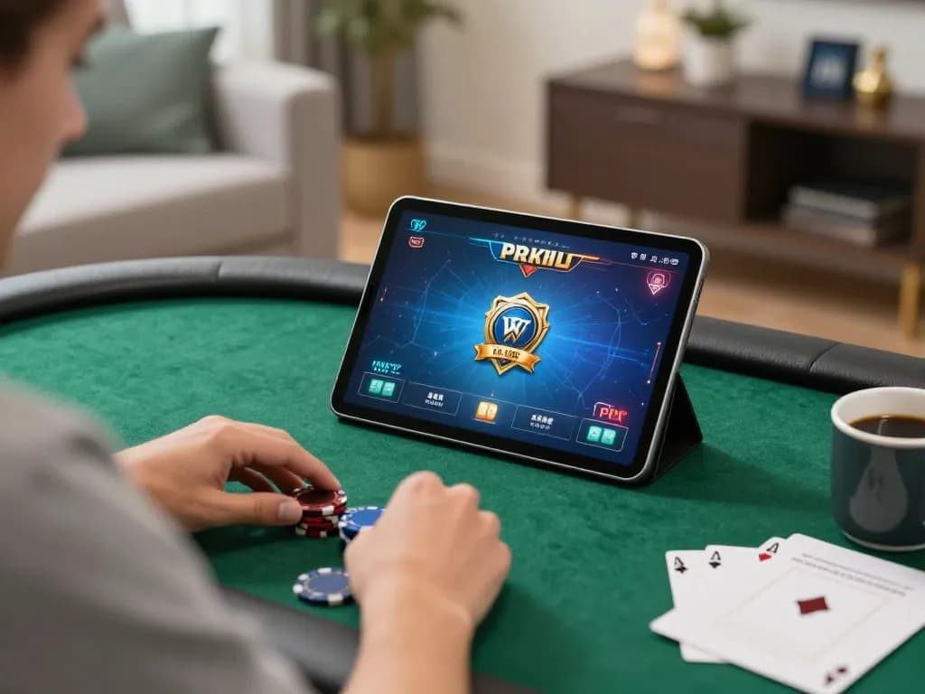 Engaged player enjoying online poker at home with LV88 app visible on tablet