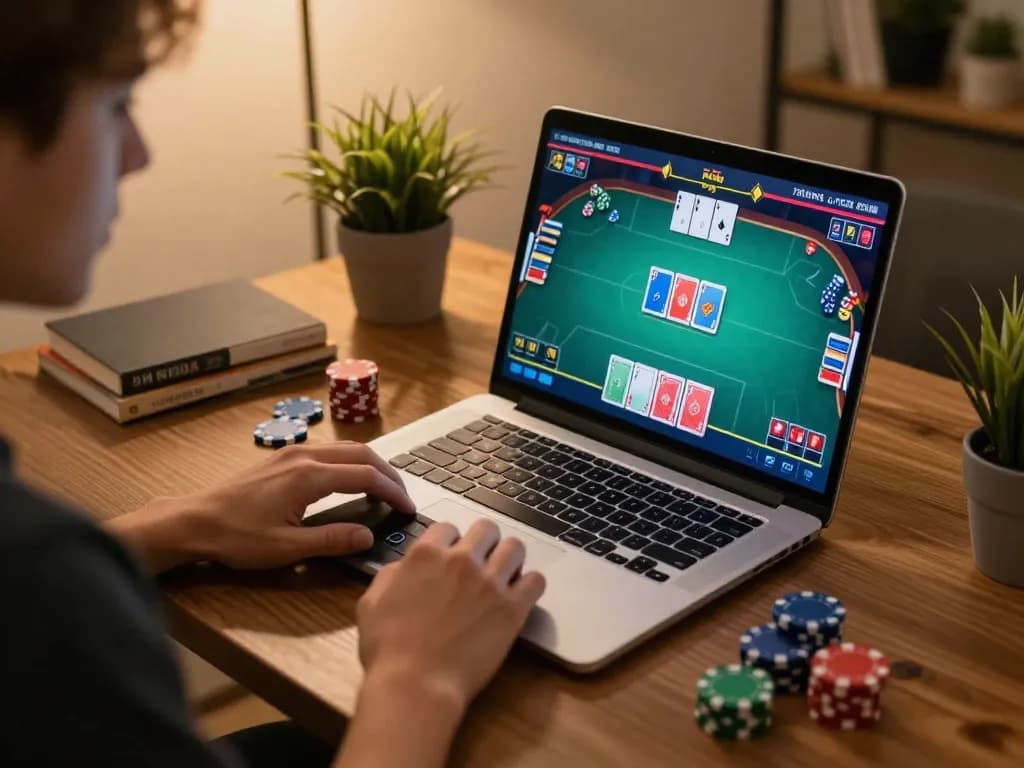 Playing an intense poker game on a laptop, experience 79king com's online gaming excitement.