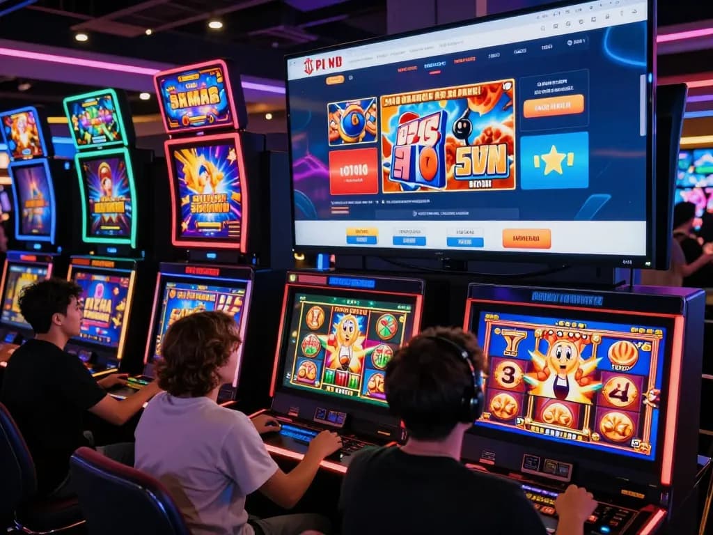Players enjoying exciting slot games at 45X bet online casino, vibrant atmosphere captured in modern digital setting.