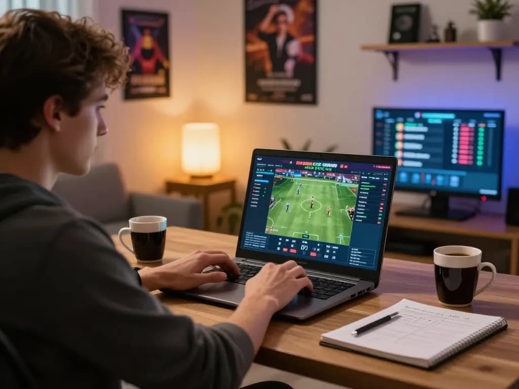 nhà cái 79king engaging in sports betting strategy on a laptop while analyzing game statistics