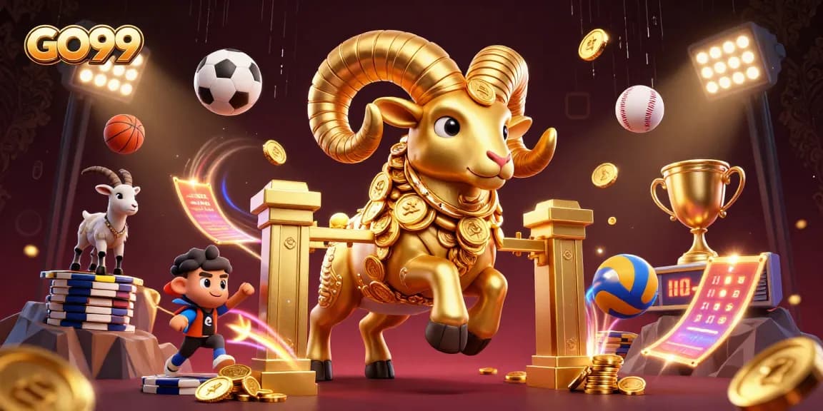 Experience GO99's thrilling action with a golden ram charging through the casino gates.