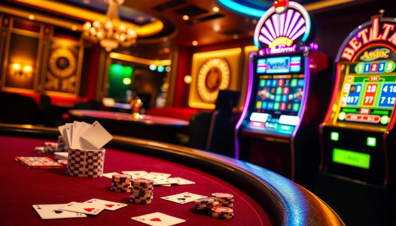 Experience thrilling gambling action with vaoluoitv in a vibrant casino setting featuring poker, roulette, and slots.