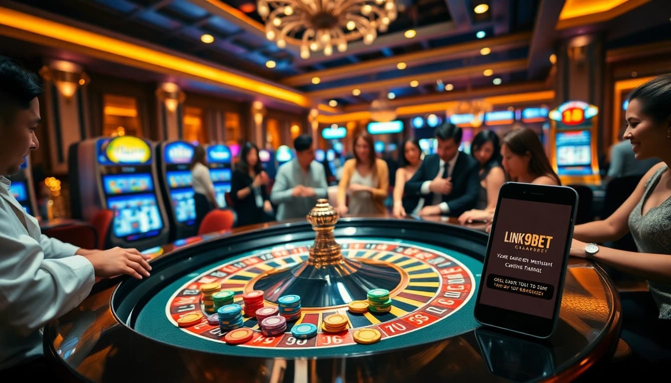Experience the thrill of Link 9BET at a luxurious casino table with roulette and colorful chips.