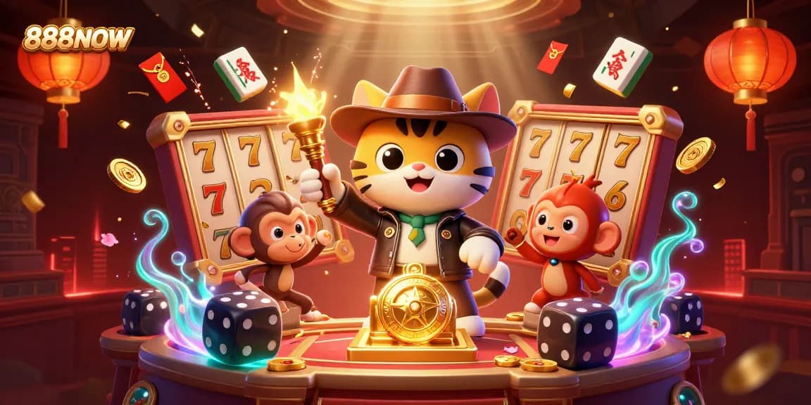 Engage in thrilling adventures with 888NOW, discovering casino artifacts in a vibrant 3D scene.