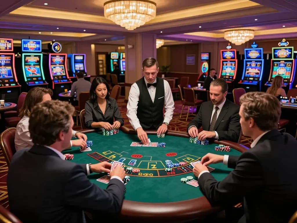 DOLA789 players enjoy a thrilling blackjack session with colorful chips and engaging dealer.