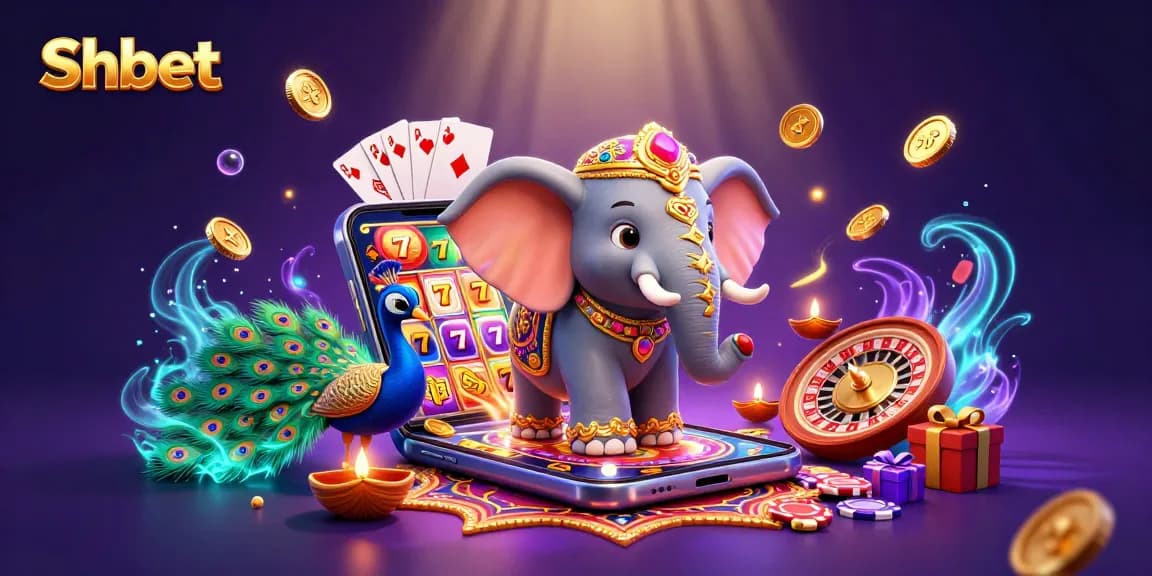 Experience the excitement at Shbet with vibrant 3D casino-themed illustration of an elephant, peacock, and slot games.