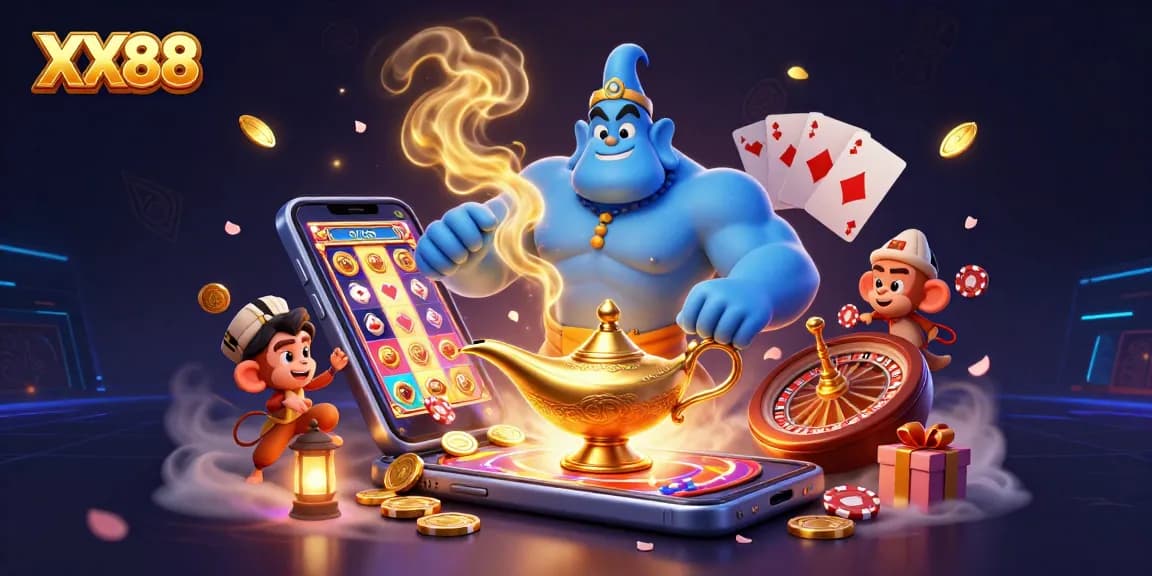 Engage with XX88's thrilling casino experience as a genie grants wishes amidst poker chips and golden treasures.