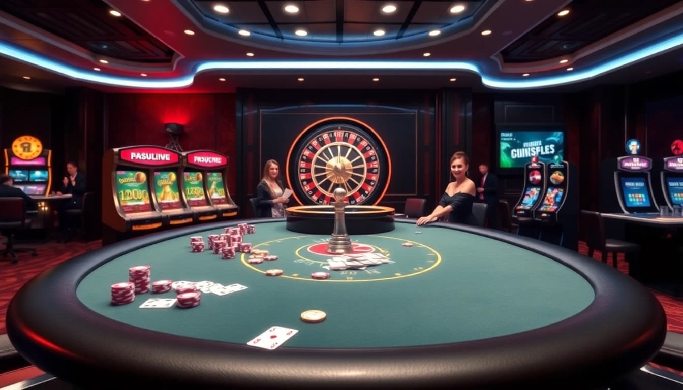 Engage in thrilling gameplay at https://nk88zz.bio/ with vibrant casino visuals of poker tables and slot machines.