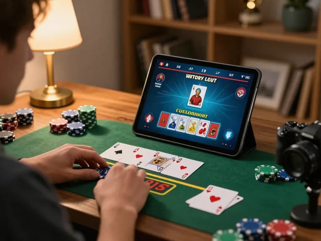 Player enjoying a strategic online game session at cucu777, focusing on blackjack with a cozy home setting.