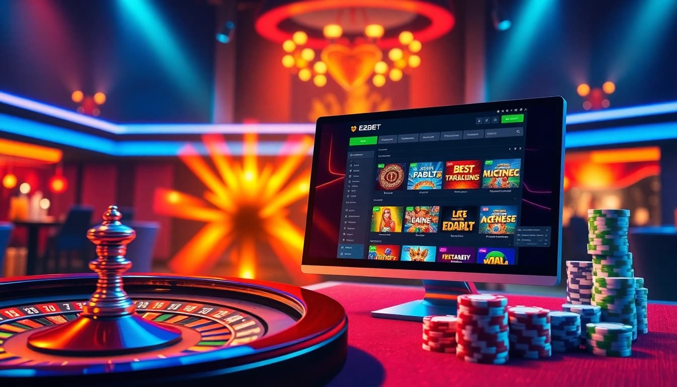 E2BET online casino interface with roulette wheel and poker chips representing thrilling gambling experiences.
