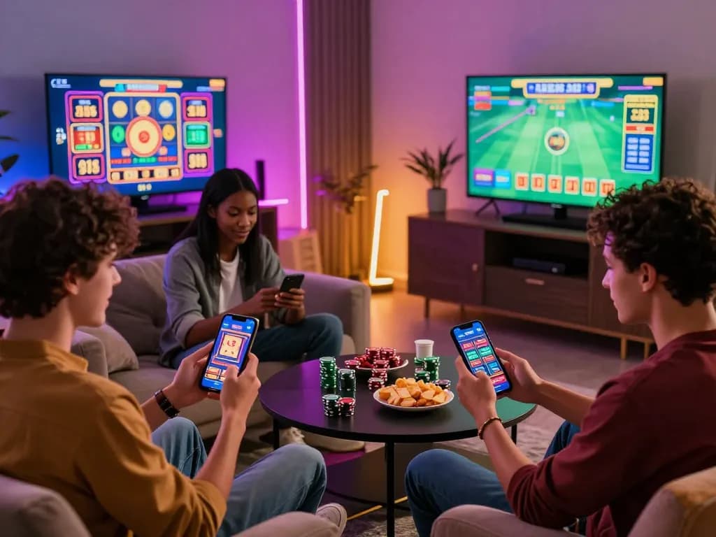 Engaging friends enjoying Nhà cái TR88 mobile casino games in a vibrant living room setting with neon lights.