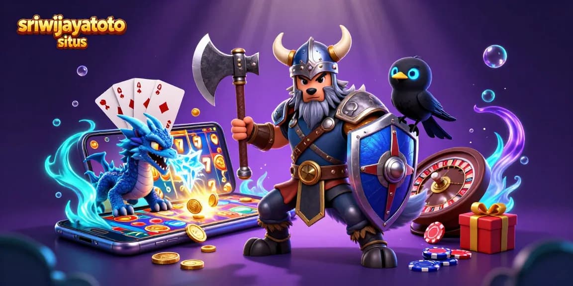 Play exciting games at sriwijayatoto situs, featuring vibrant slot reels and a dynamic casino scene.