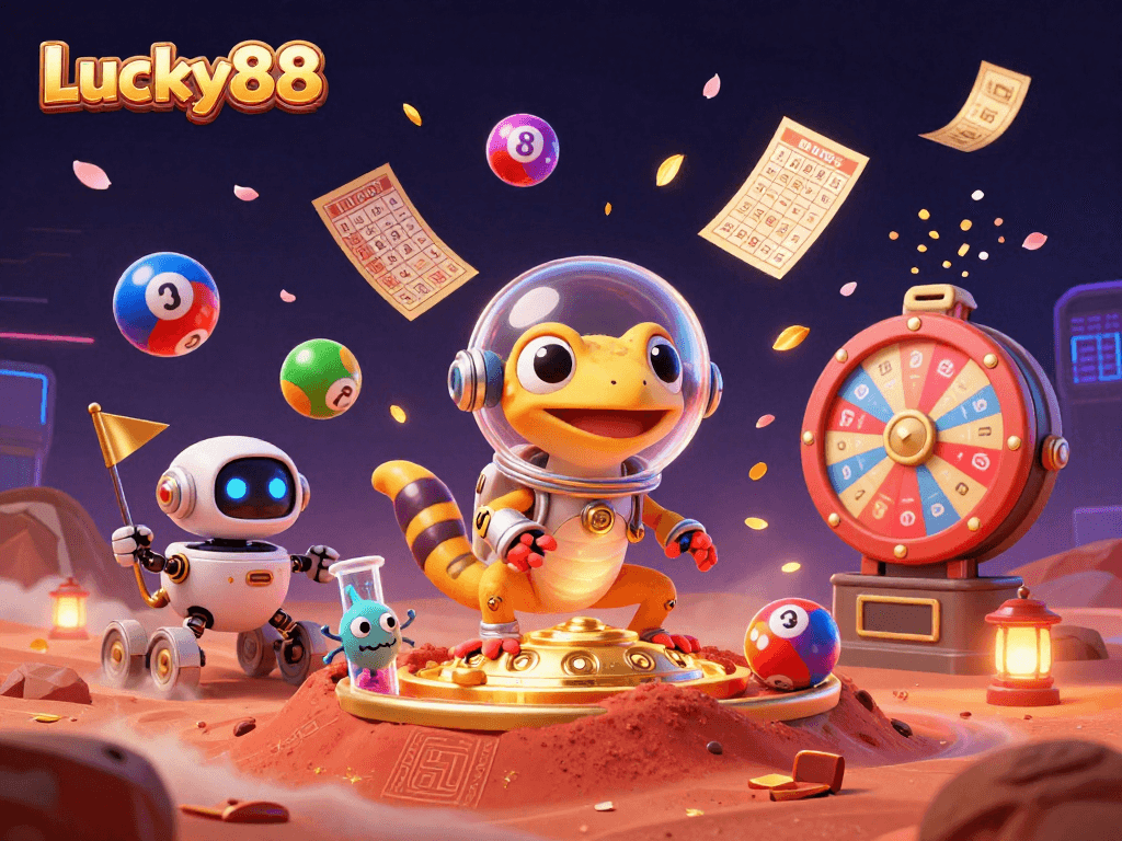 Engage with Lucky88 through vibrant casino elements in a dynamic Mars setting with animated lottery activities.