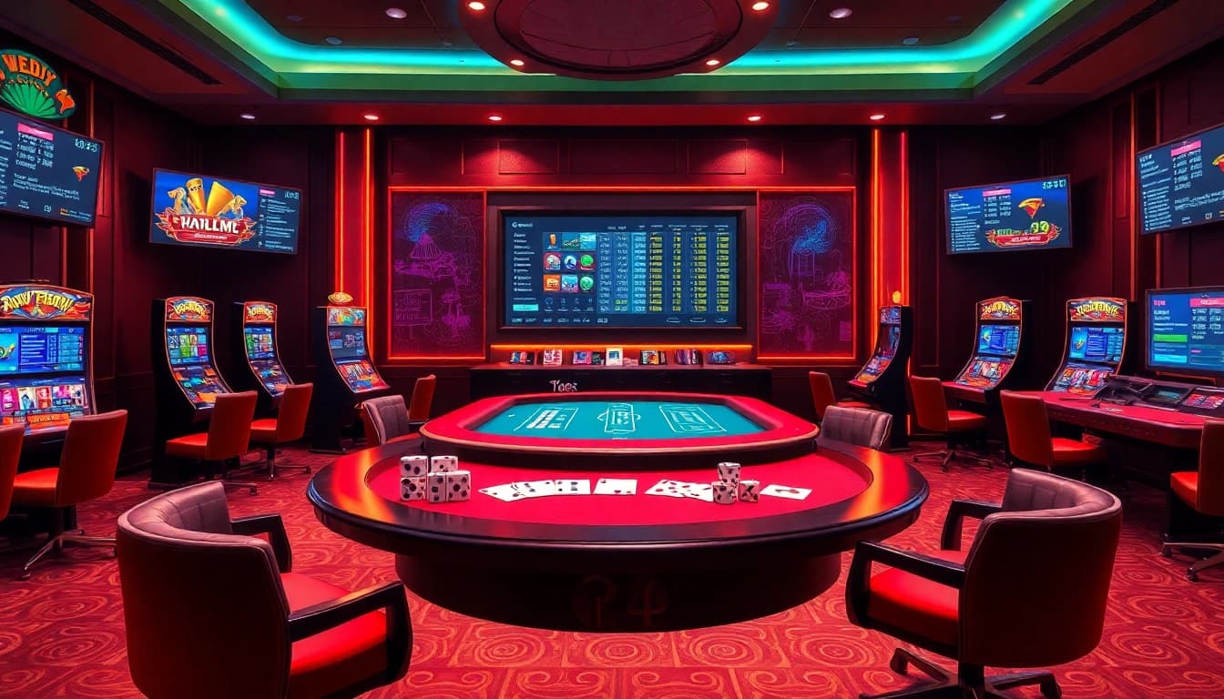 Iwin đổi thưởng gaming scene with vibrant slots and cards showcasing excitement and professionalism.