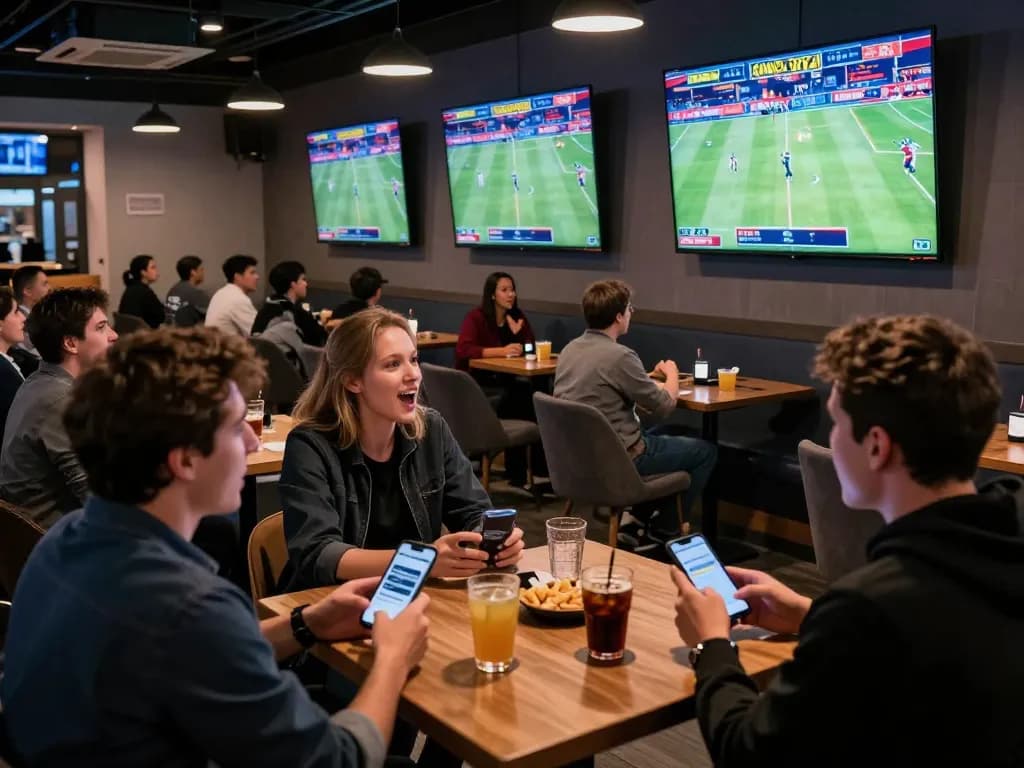 FB88 customers enjoying live sports betting in a vibrant lounge atmosphere