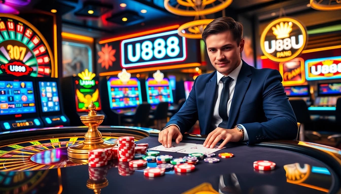Witness a thrilling U888 online casino experience with modern gaming elements and vibrant lights.