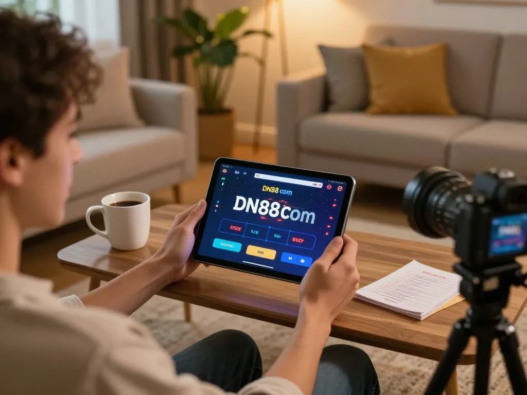 Engaging online gaming experience with DN88 com app on tablet in a cozy home setting