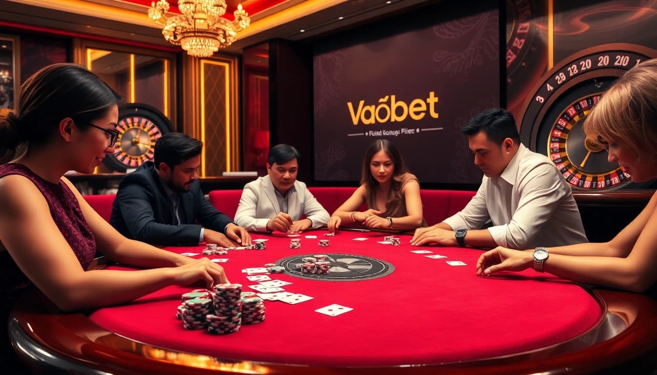 Vaobet poker players strategizing over chips and cards in a luxurious casino.