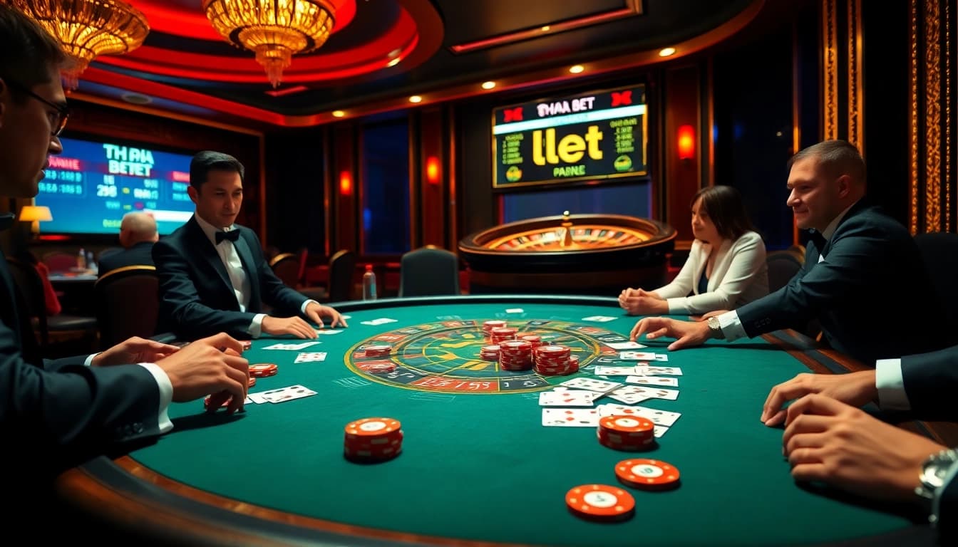 Players enjoy a thrilling game of poker at Tha bet, with vibrant chips and a luxurious casino ambiance.