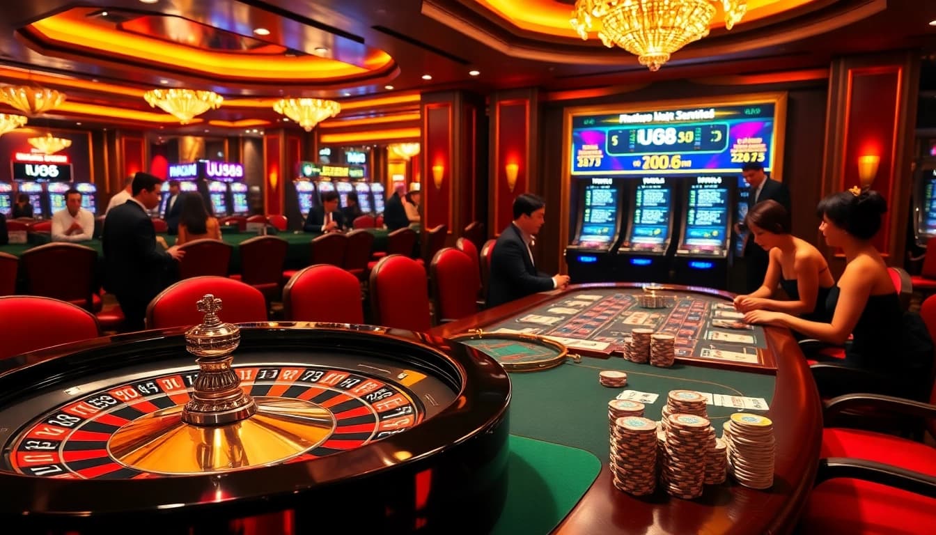 Experience the excitement of uu88 com with vibrant casino gameplay featuring roulette and poker tables.