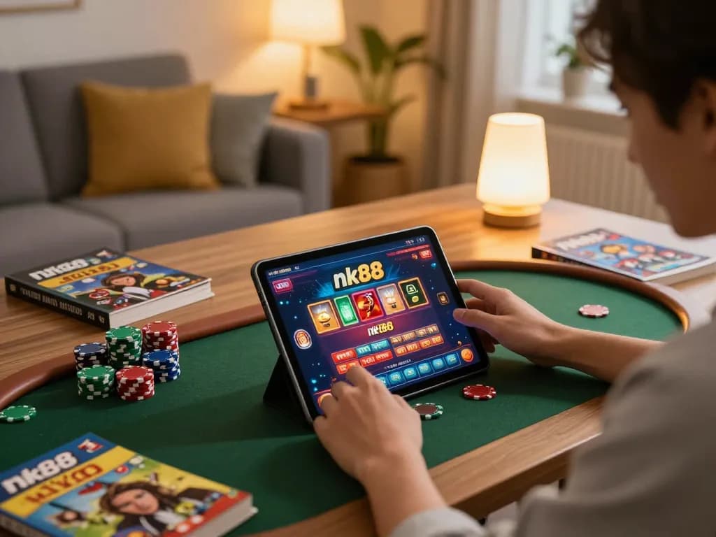 Engaging with nk88 casino app on tablet in a cozy home setting, showcasing responsible gaming habits