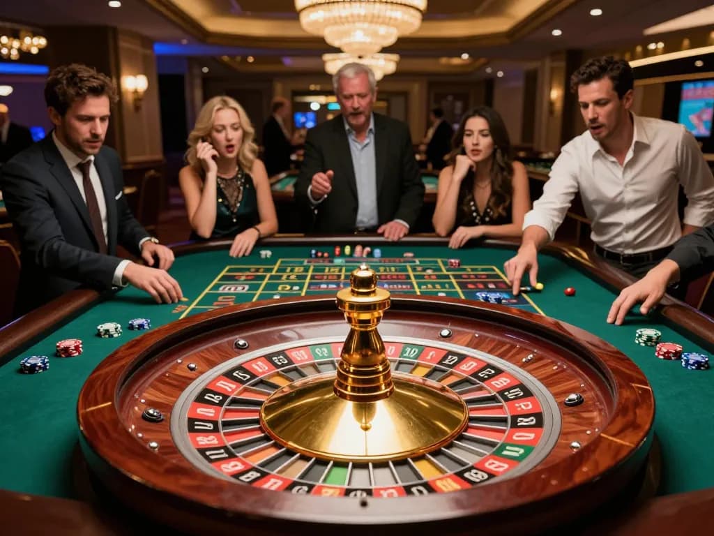 Players strategizing at an elegant roulette table in FLY 88 casino atmosphere