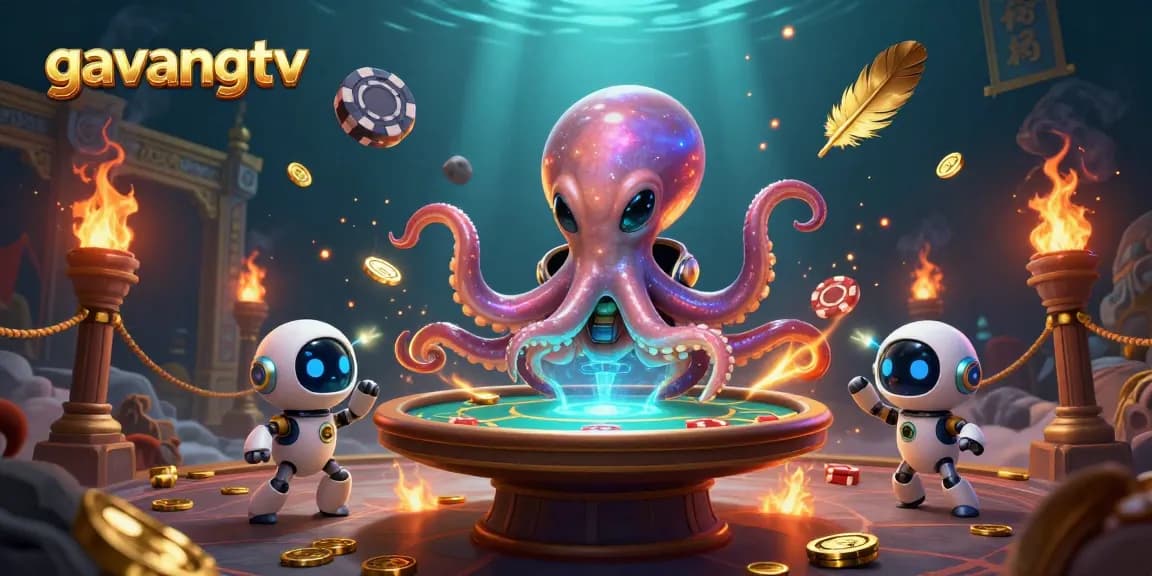 Engage with thrilling poker action on gavangtv as a cartoon octopus operates a holographic poker table.