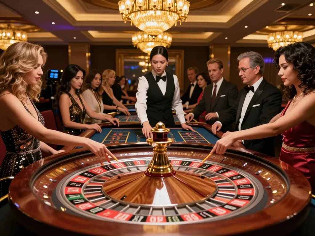 Players eagerly placing bets at the roulette table in a glamorous casino scene, highlighting fly888x's vibrant gaming atmosphere.