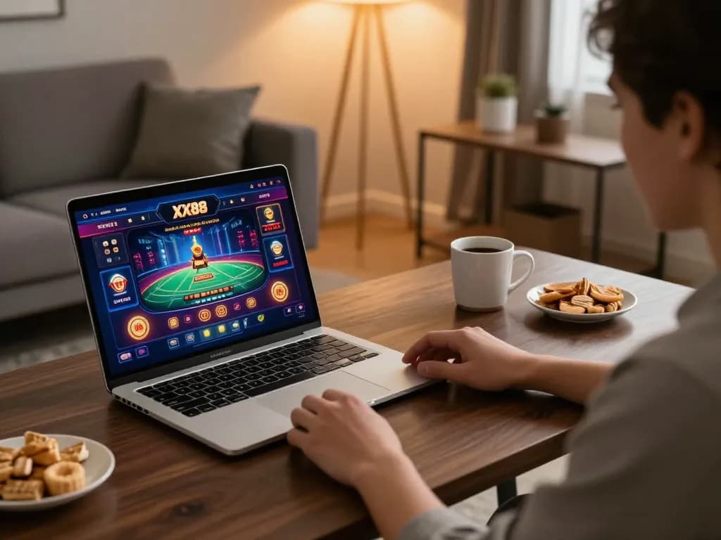 Person engaging with the XX88 online casino on a modern laptop in a cozy home environment.