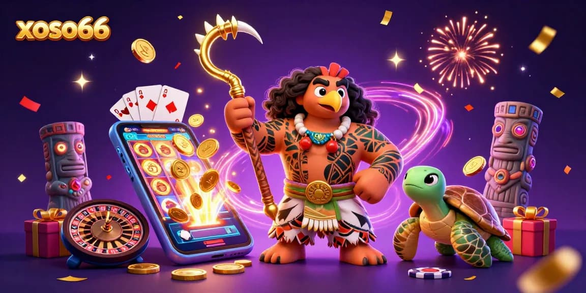 Experience thrilling gaming at xoso66 with a vibrant Polynesian-inspired casino scene filled with excitement.