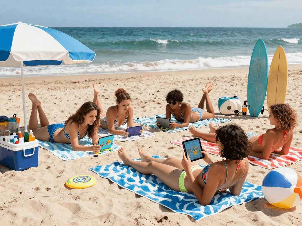 Group of friends playing BIKINISLOT on the beach, enjoying summer vibes.