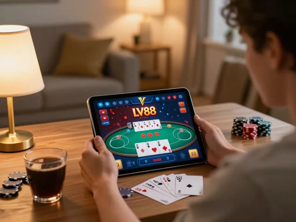 Engaging home gaming scene with LV88 poker game, emphasizing strategy and casual entertainment.