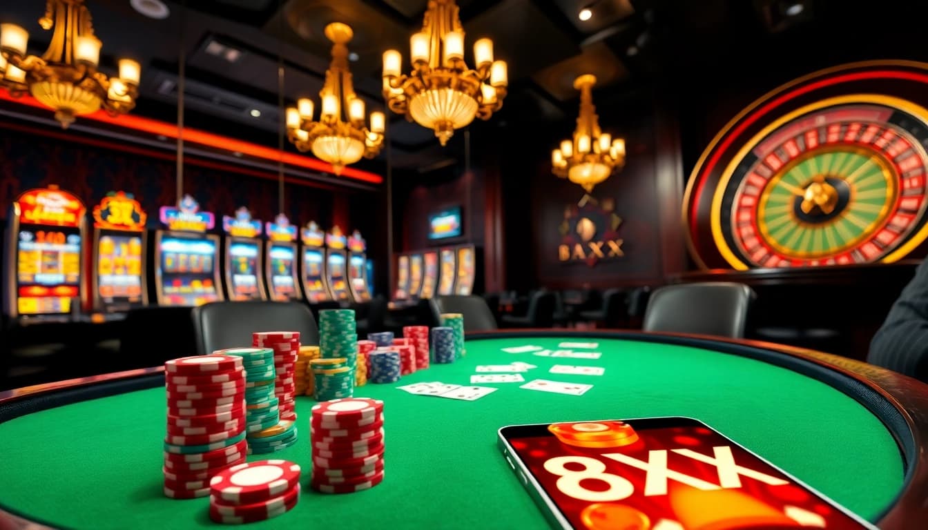 Experience the thrill of 8XX at a luxurious casino table with vibrant poker chips and slot machines.