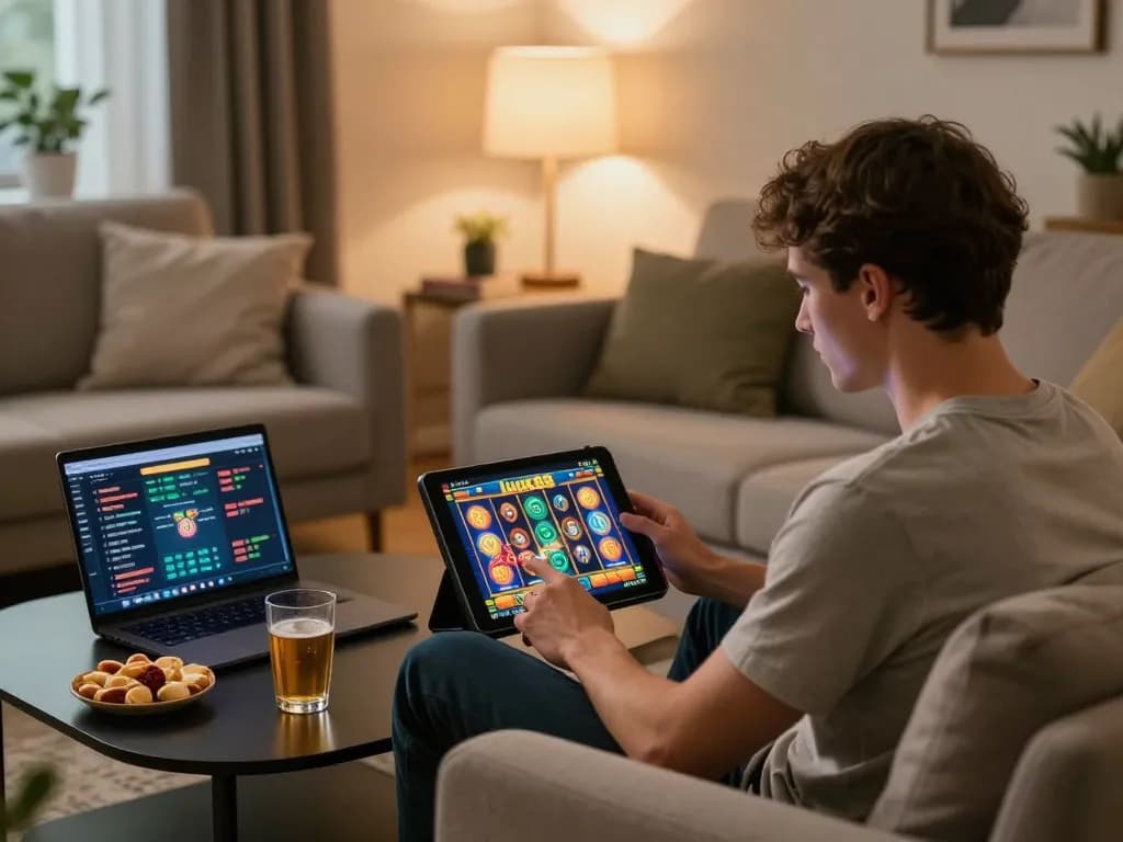 Engaged player enjoying luck88 slot game on tablet at home casino setup, showcasing strategic gaming and cozy ambiance