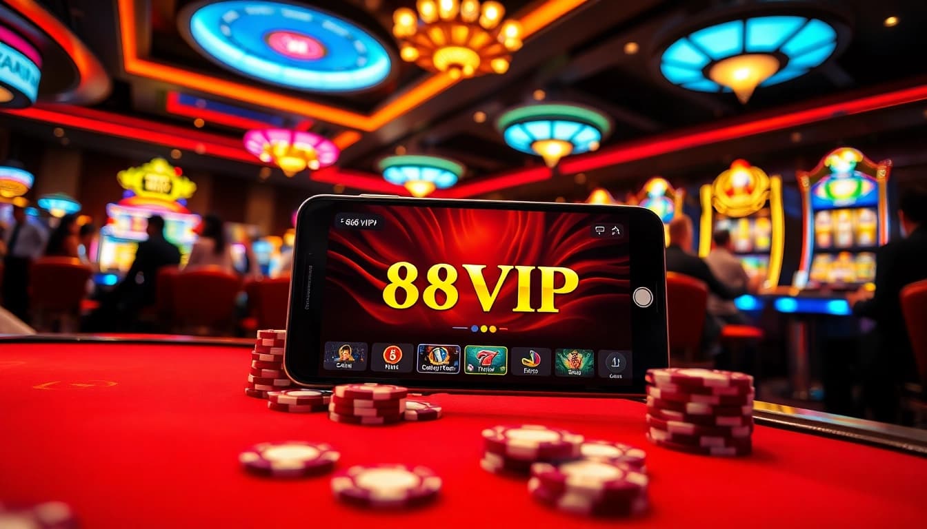 Tải App Nhà Cái 68VIP displayed on a smartphone in a vibrant casino environment with poker chips and slot machines.