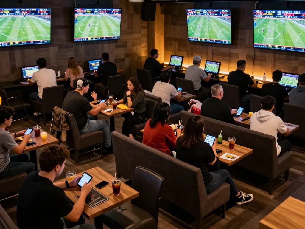 Kqbd users placing bets in a lively sports betting lounge with multiple screens showing live scores.