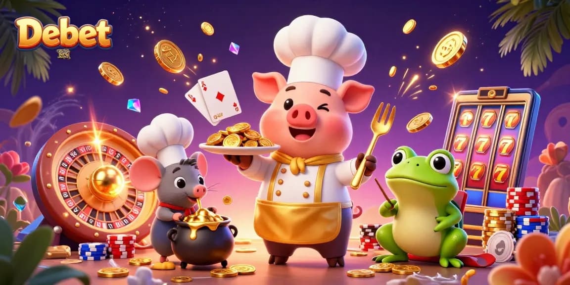 Debet chef pig serves sparkling gold coins, amidst vibrant casino elements in a lively scene.