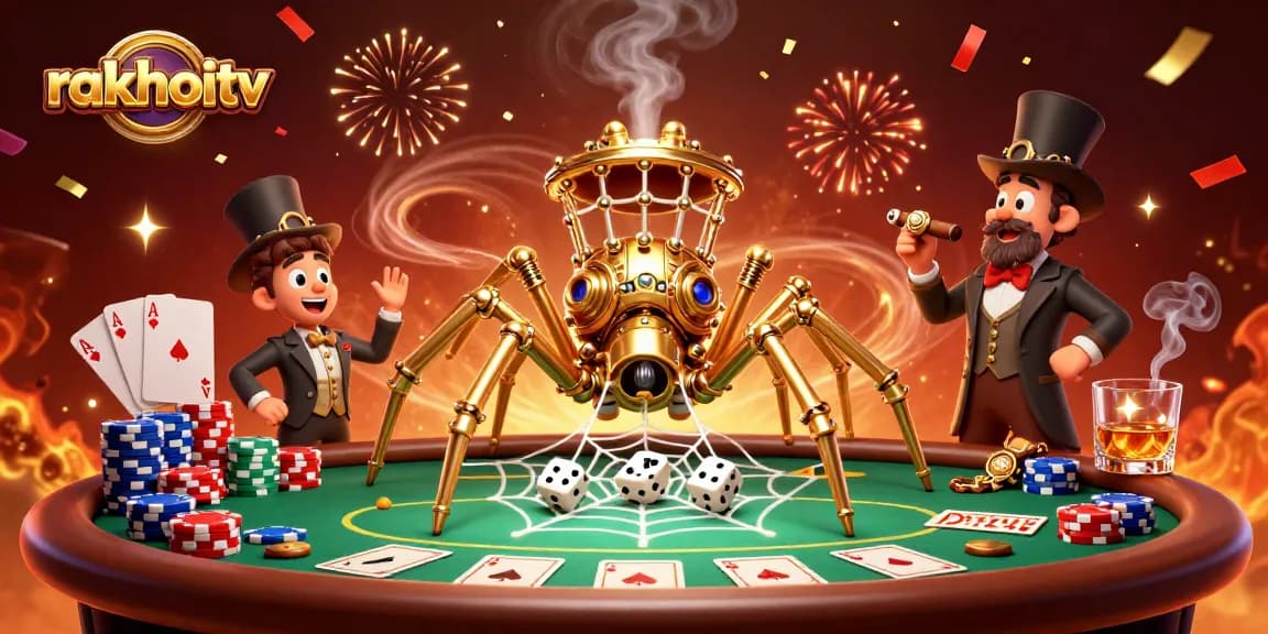 Experience the thrill of rakhoitv with a dynamic 3D casino scene featuring steampunk elements and poker motifs.