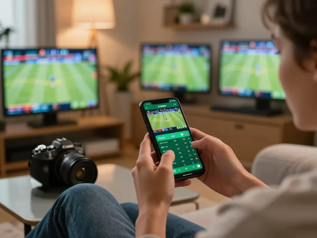 Person engaging with 78wingo sports betting app on smartphone in a cozy home setting.